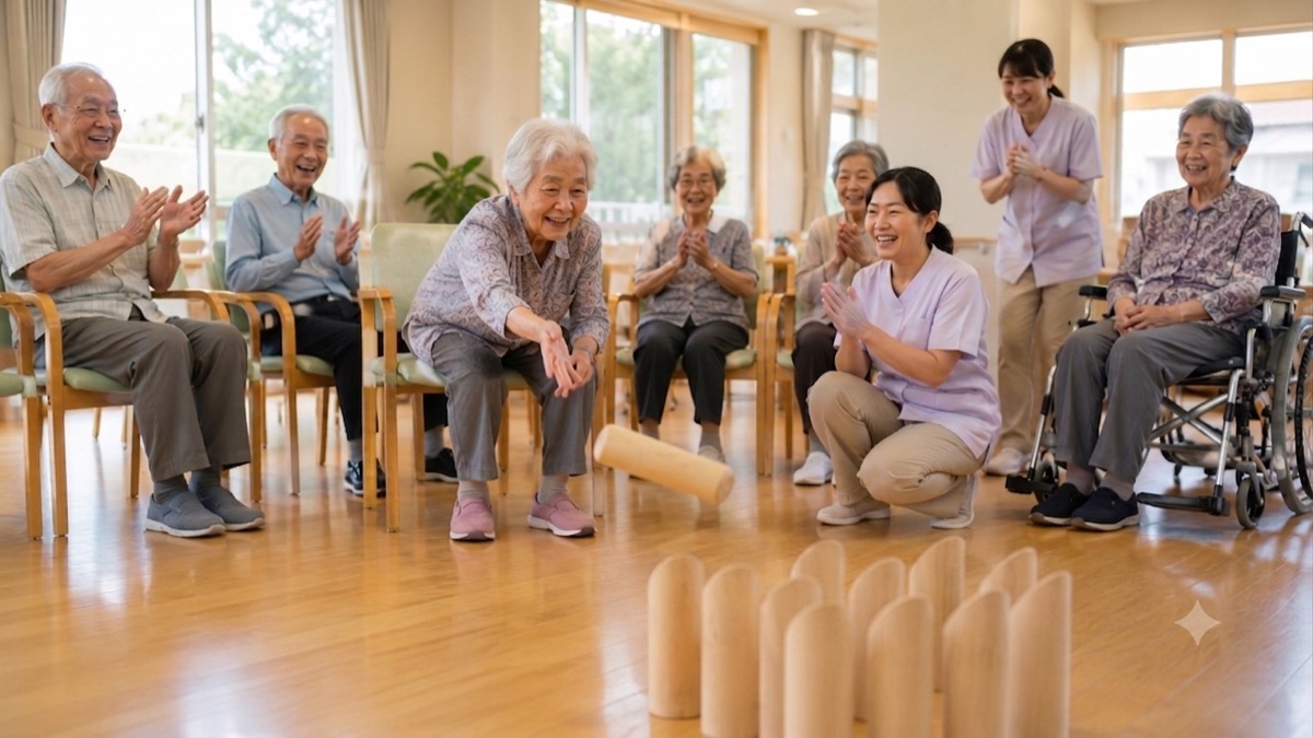 介護施設で座ったままモルックを楽しむ利用者の皆さん