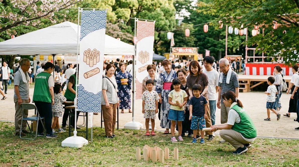 お祭りのモルック体験ブースに集まる家族連れ