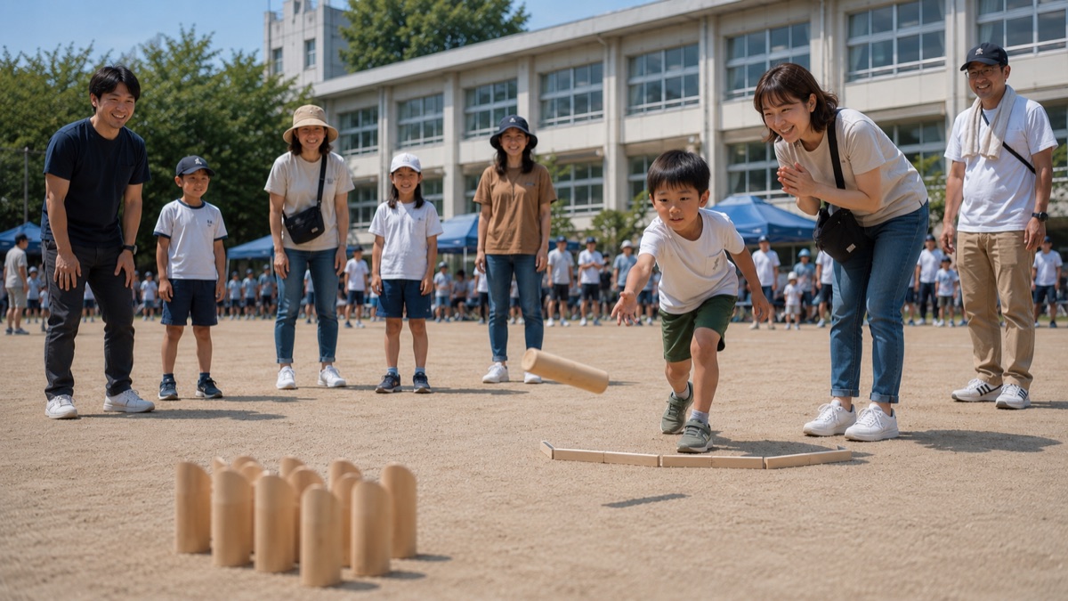 校庭の親子行事でモルックを投げる子ども